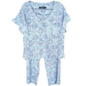 Lauren Ralph Lauren Women's MED Cotton Flannel Blue Cropped Pant Pajama Set